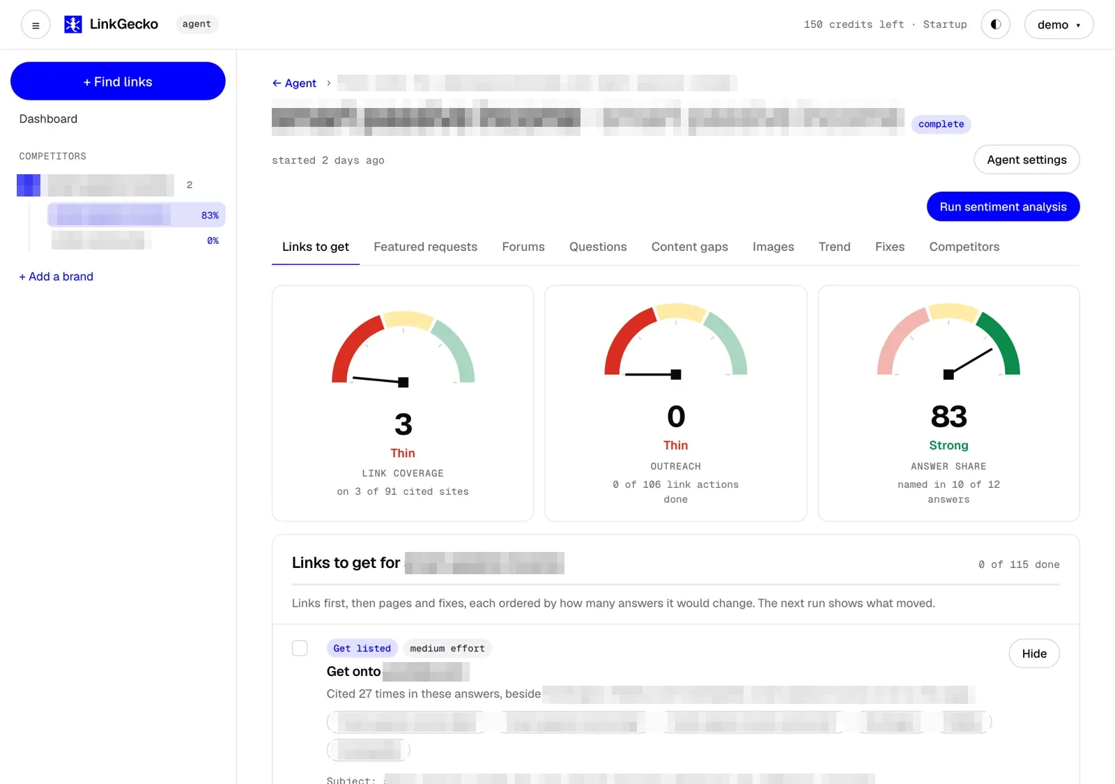 LinkGecko's Links to get screen with the brand and site names pixelated: link coverage, outreach and answer share meters above a ranked link