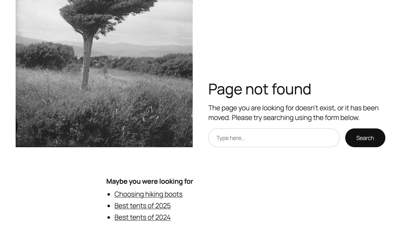 A 404 page in a default WordPress theme with three suggested pages added below the message