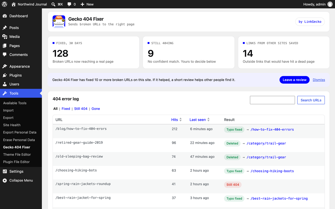 The Gecko 404 Fixer screen in WordPress, showing URLs fixed, URLs still returning 404, and the error log